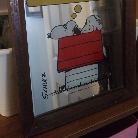 Vintage 1958 Snoopy Wood Framed Mirror Picture I Think I'm Allergic to Morning - Picture 2 of 2